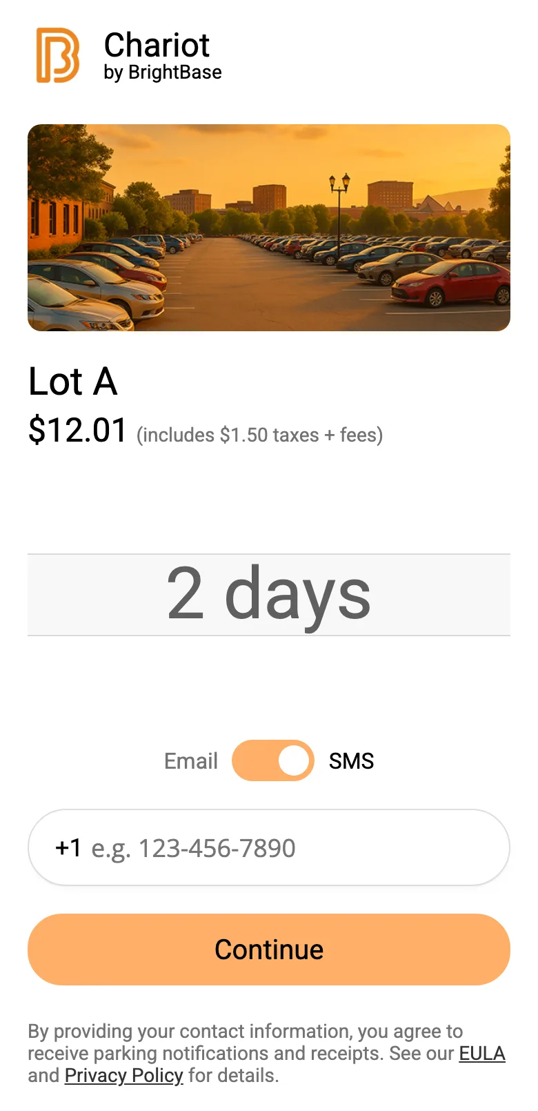 Chariot scan-to-park screen on a driver's phone, with sample data: the lot name, the price with taxes and fees, a rate picker, a text or email receipt choice and a Continue button.