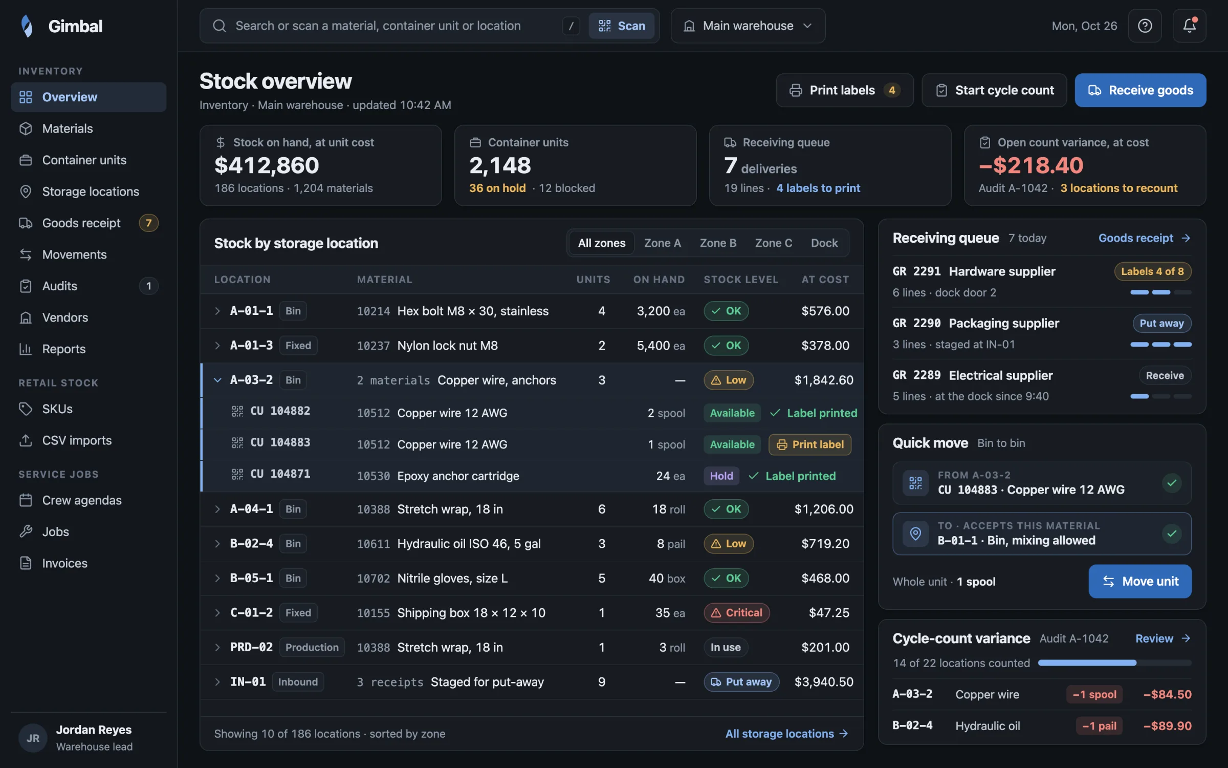 Concept screen with invented data: Gimbal inventory overview showing stock by storage location, the container units in one bin with their QR label status, a receiving queue, a bin-to-bin quick move, and cycle-count variance valued at unit cost.