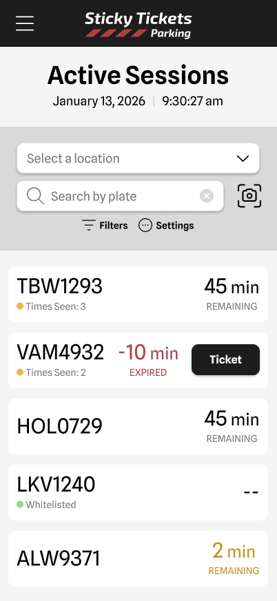 Sticky Tickets Parking Enforcement Screen